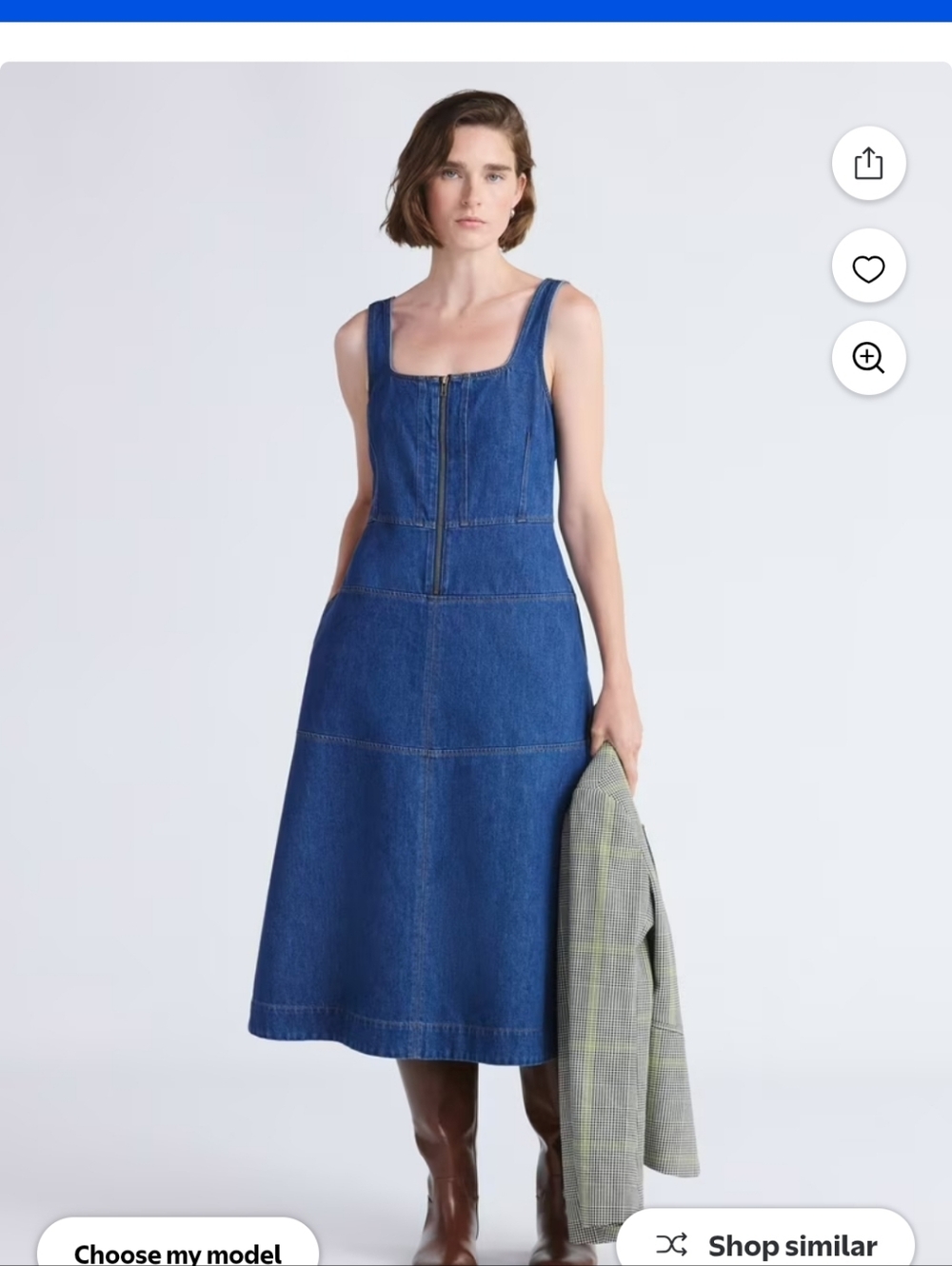 Denim Zip-Front Midi Dress - Dark Blue